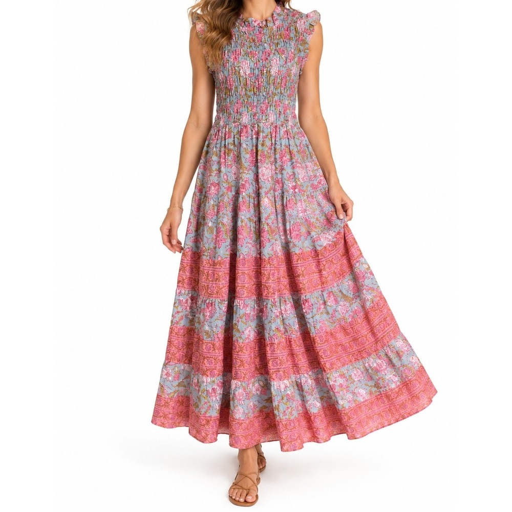Calypso St Barth Ciral Floral Smocked Tiered Maxi Dress Pink Blue XL